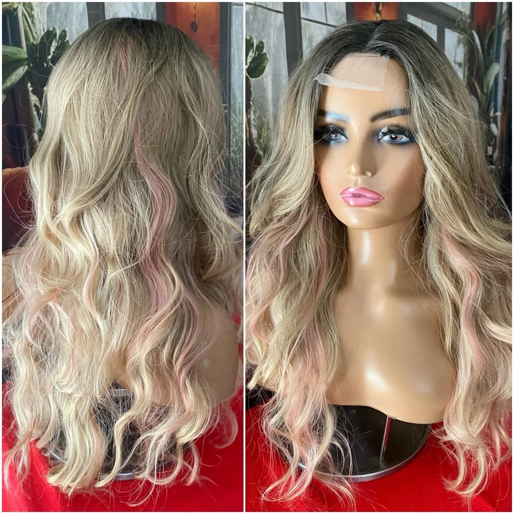NEW Pink ribbon Highlights Center lace blonde wig-